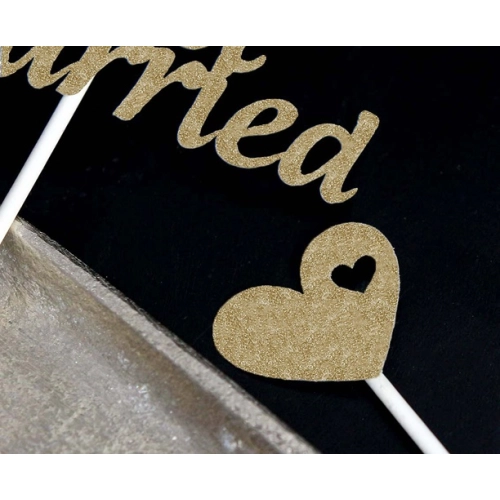 Topper piker ozdoby na tort babeczki napis Just Married  serduszka dekoracje ślub wesele zestaw 5 sztuk